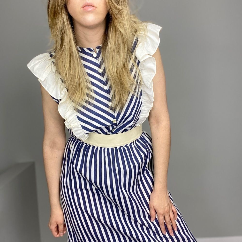 Vintage Summer Dress Blue & White Stripe. Romantic Casual Poetcore Dress. - Picture 4 of 9